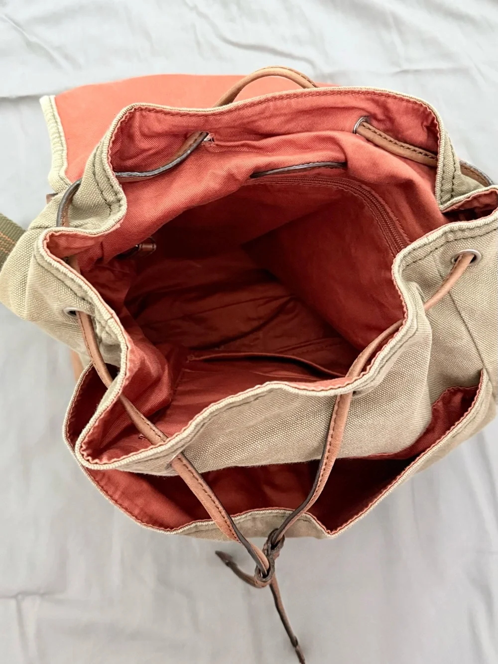 Canvas and Leather Men's Backpack in Khaki with Brown Trim